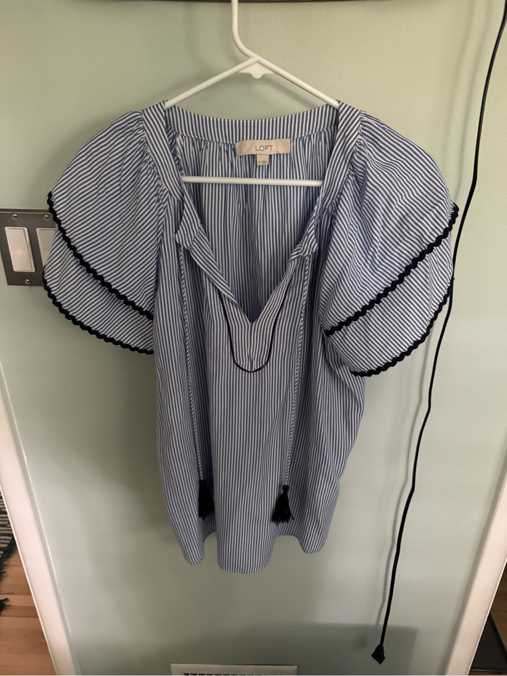 LOFT Blue and White Striped Peasant Top with Navy Trim and Tassles
